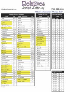 A list of words and letters available without special order.